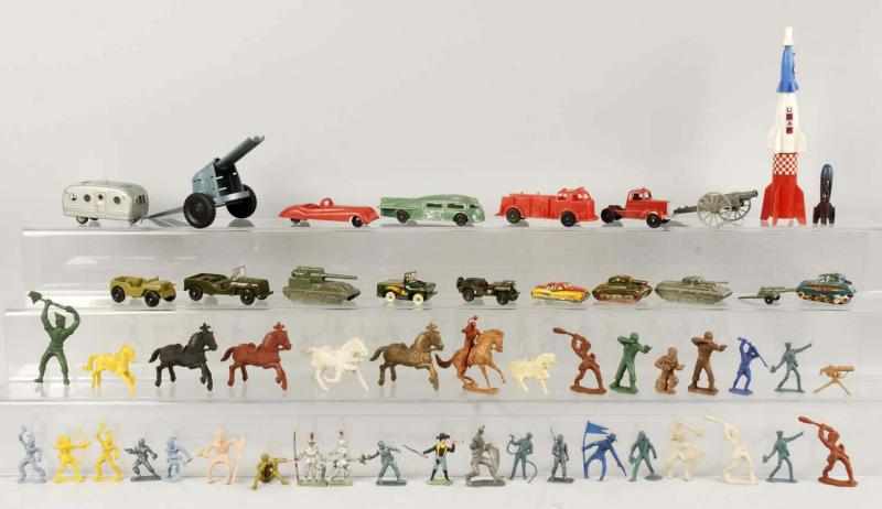 Appraisal: Lot of Plastic Rubber Figures Vehicles Description Circa s and