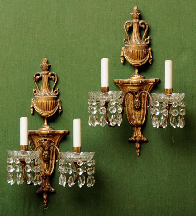 Appraisal: Pair of Louis XVI-Style Carved Giltwood Two-Light Wall Sconces x