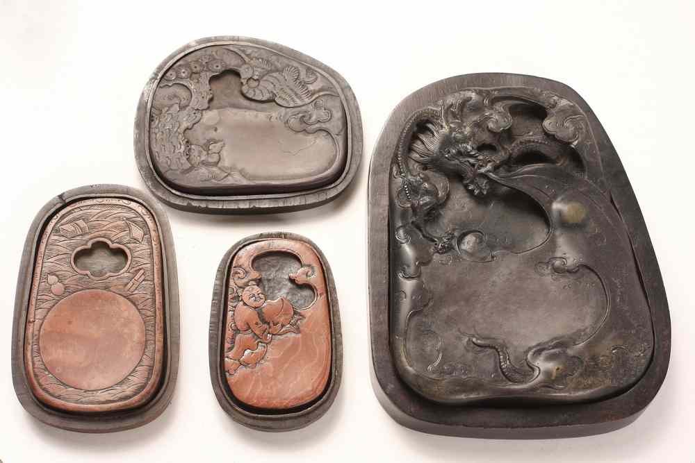 Appraisal: CHINESE INKSTONES - Four Small Chinese Inkstones in fitted wooden