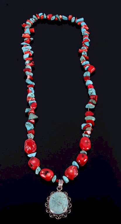 Appraisal: Navajo Branch Coral Turquoise Nugget Necklace The lot features a