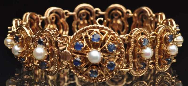 Appraisal: K Y Gold Bracelet with Pearls Sapphires Weight grams dwt