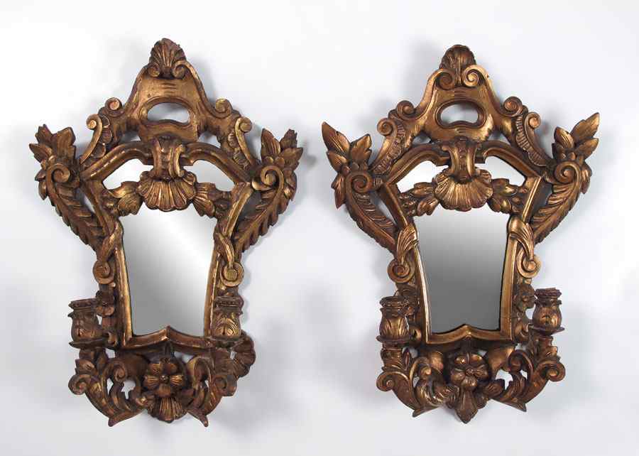 Appraisal: PAIR OF GILT WOOD MIRROR SCONCES Early th century heavily