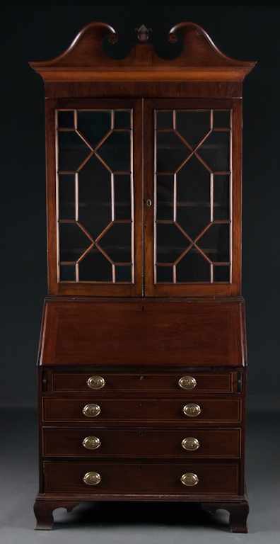 Appraisal: Federal stringer inlaid mahogany secretary bookcase Maryland th century glazed