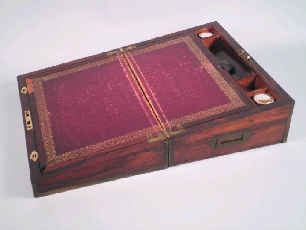 Appraisal: A Victorian rosewood and brass bound writing box the hinge