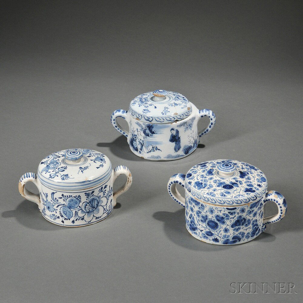 Appraisal: Three Dutch Delft Posset Pots and Covers Holland th century