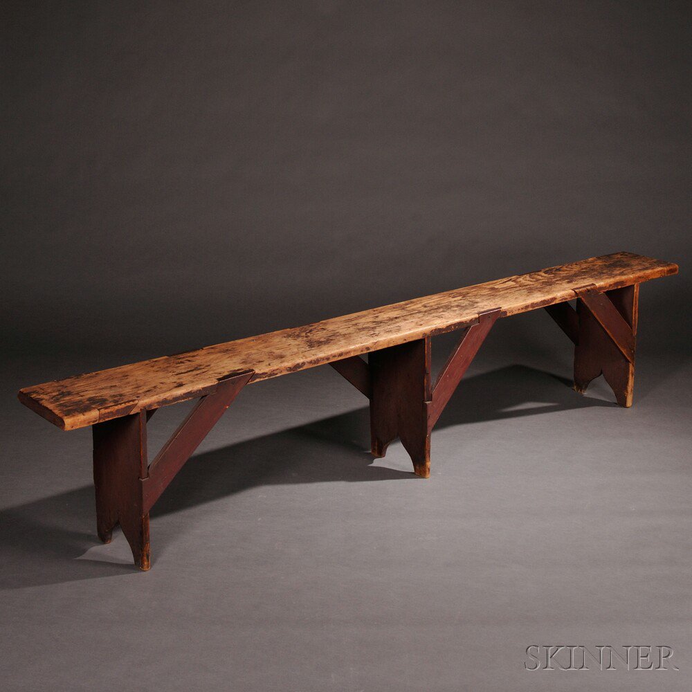 Appraisal: Shaker Brown Red-painted Pine Meetinghouse Bench New Lebanon New York