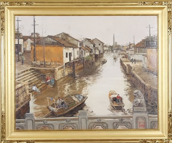 Appraisal: Canal Bridge of Soochow China oil on canvas relined x