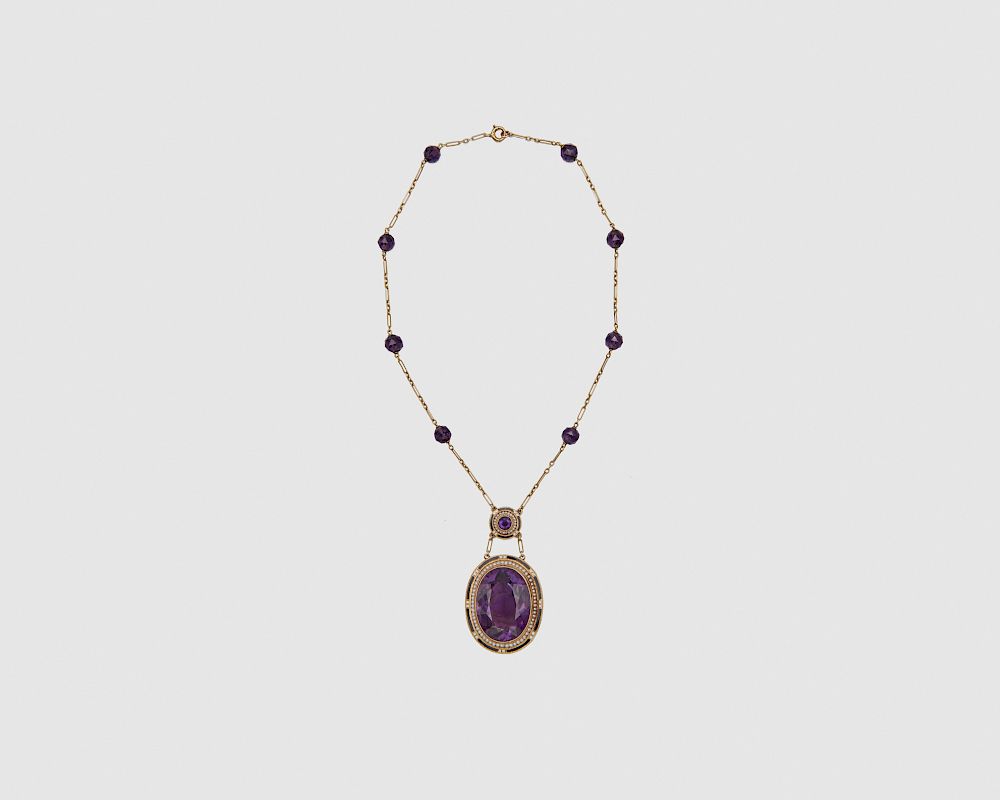 Appraisal: K Gold Amethyst Enamel and Seed Pearl Pendant Necklace K