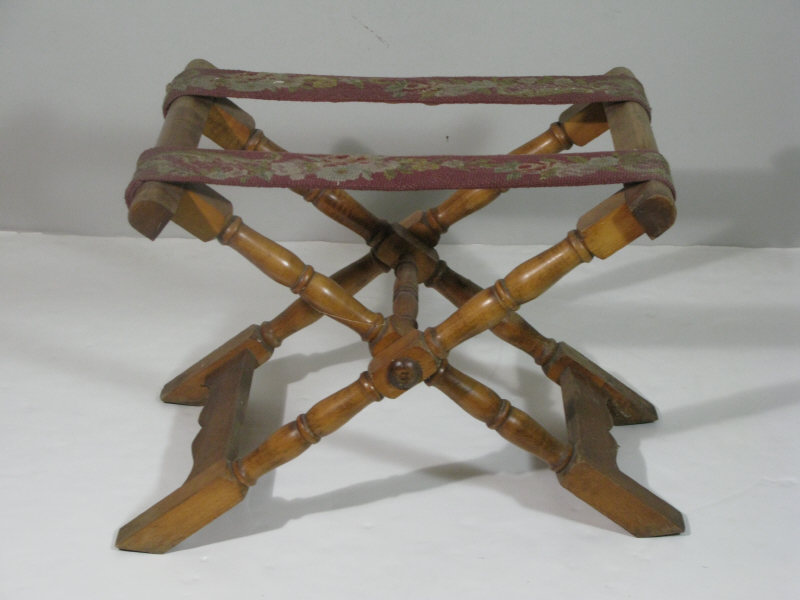 Appraisal: Vintage Luggage Stand collapsible form with needlepoint support straps -