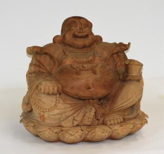 Appraisal: LARGE Chinese Carved Solid Teak Happy Buddha CHINA TH CENTURY