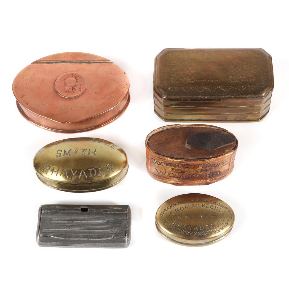 Appraisal: SIX ANTIQUE SNUFF BOXES TWO BRASS BOXES WITH ORIGINAL OWNER'S