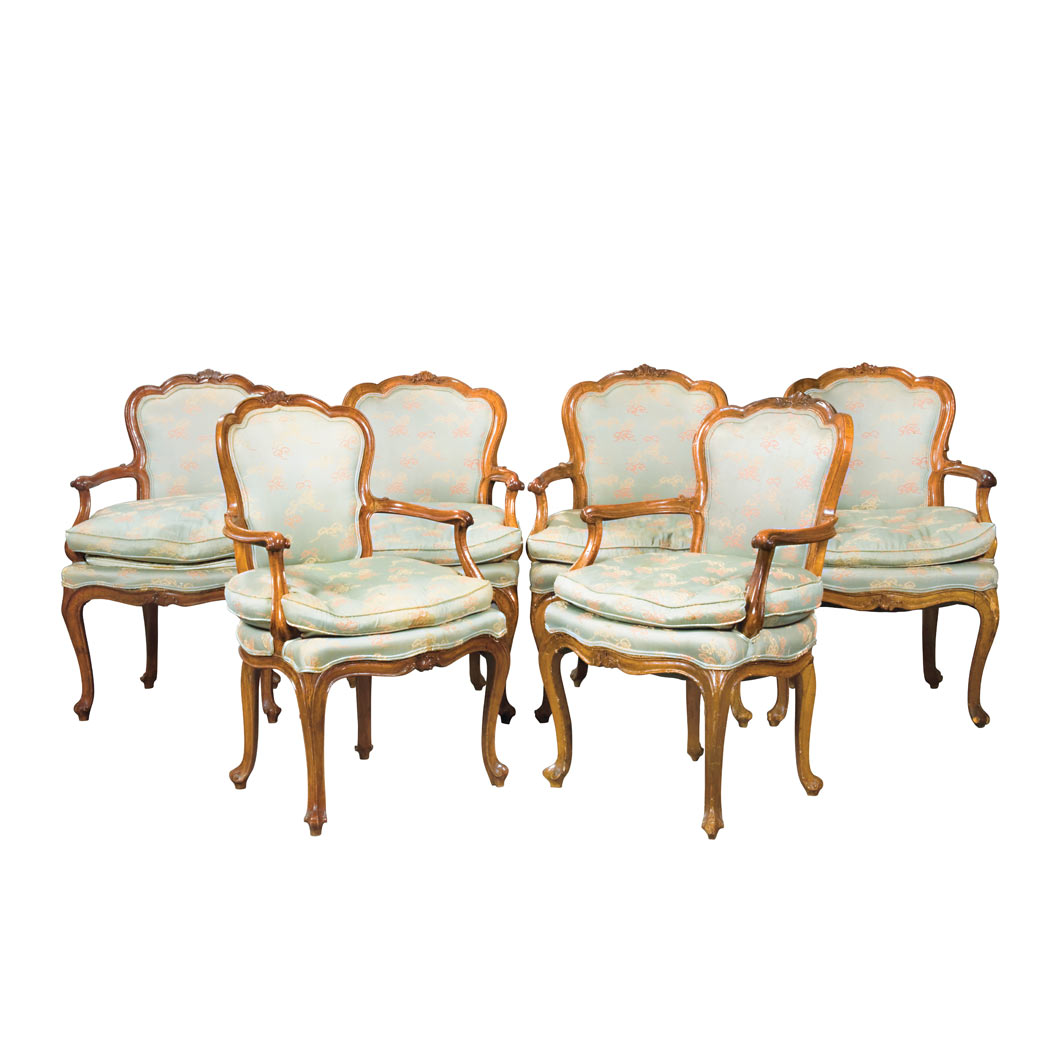 Appraisal: Set of Six Italian Rococo Walnut Armchairs Mid th century