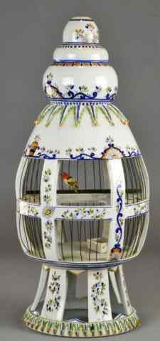 Appraisal: Italian Pottery Iron Mounted Bird Cage SignedOf Pagoda form beautifully