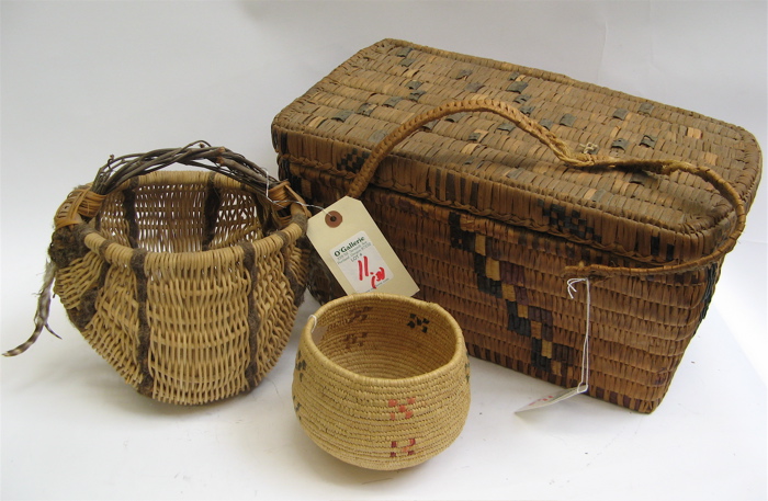 Appraisal: THREE NATIVE AMERICAN INDIAN BASKETS Salish covered rectangular storage basket