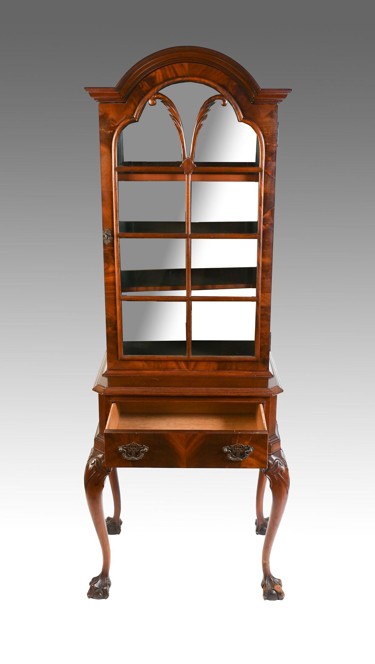 Appraisal: CHIPPENDALE STYLE MIRROR BACK DISPLAY CABINET Arch-top three shelf curio