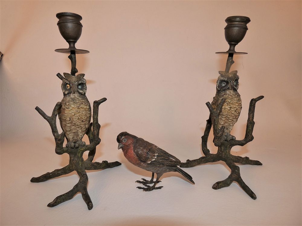 Appraisal: AUSTRIAN BRONZE BIRDS OWL CANDLESTICKS Lot of antique cold painted