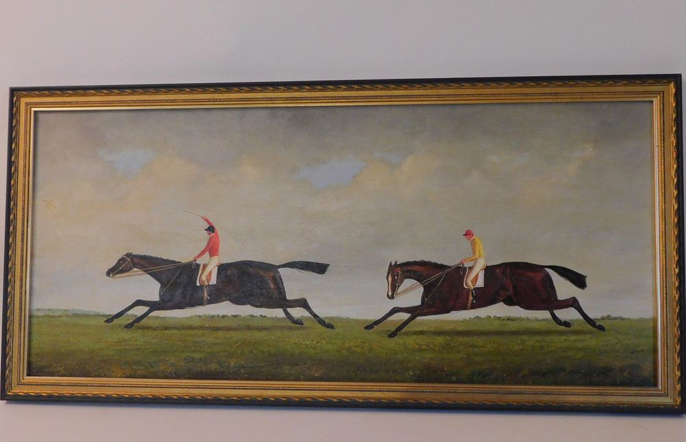 Appraisal: OIL PAINTING OF HORSE RACE Vintage oil painting on wood