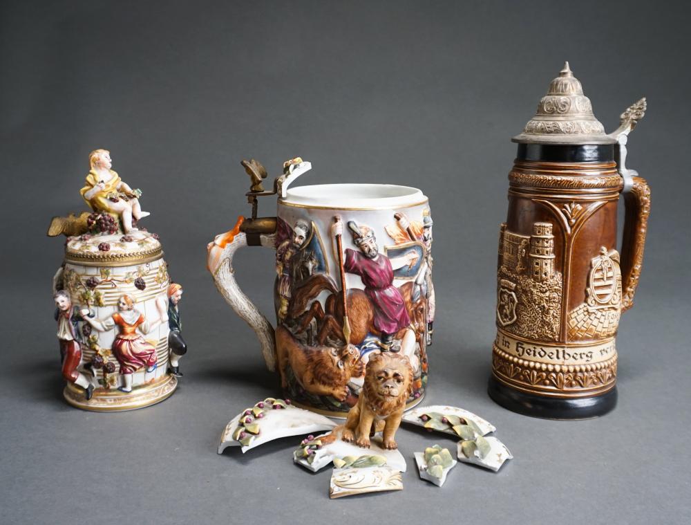 Appraisal: TWO CAPODIMONTE-TYPE LIDDED STEINS ONE DAMAGED AND A CERAMIC STEIN