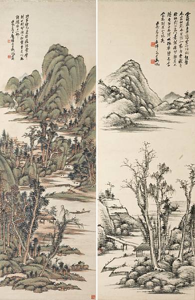 Appraisal: Wu Zheng - Pair of Landscapes Hanging scrolls ink or