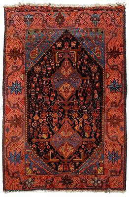 Appraisal: Hamadan rug dark blue black central medallion light blue corners