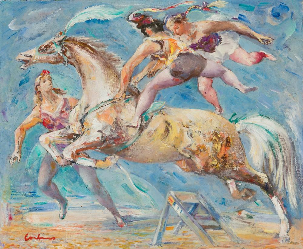 Appraisal: JON CORBINO American - Equestrian Acrobats in Action oil on