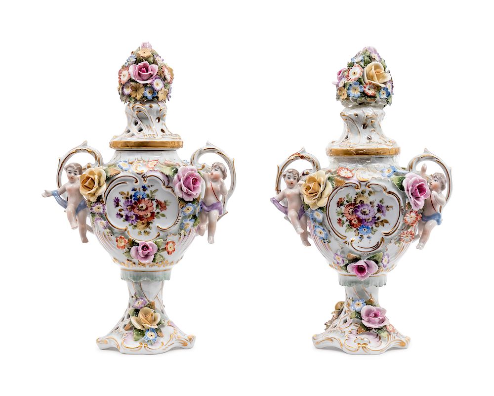 Appraisal: A Pair of Von Schierholz Dresden Porcelain Covered Potpourri Urns