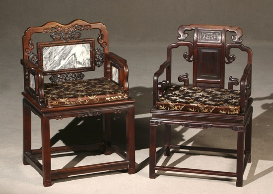 Appraisal: Two Chinese Hardwood Armchairs Circa One with a mottled gray