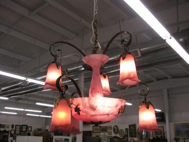 Appraisal: French Art Glass Chandelier Daum style mottled pink and burgundy