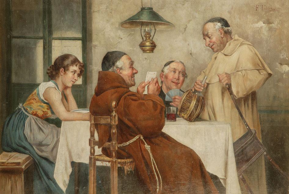 Appraisal: F TADDEI Monks and a serving wench in an interior