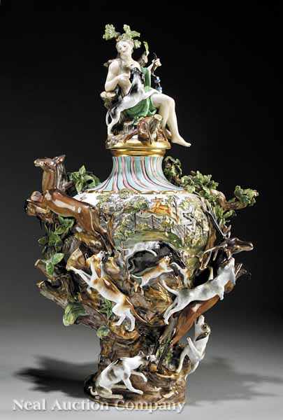 Appraisal: A Large Meissen Polychrome and Gilt-Decorated Porcelain Figural Covered Urn