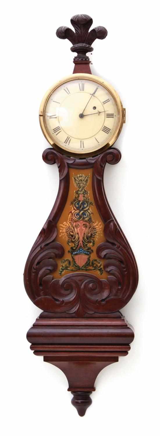 Appraisal: Federal style mahogany and eglomise lyre-form wall clock Prince-of-Wales plume