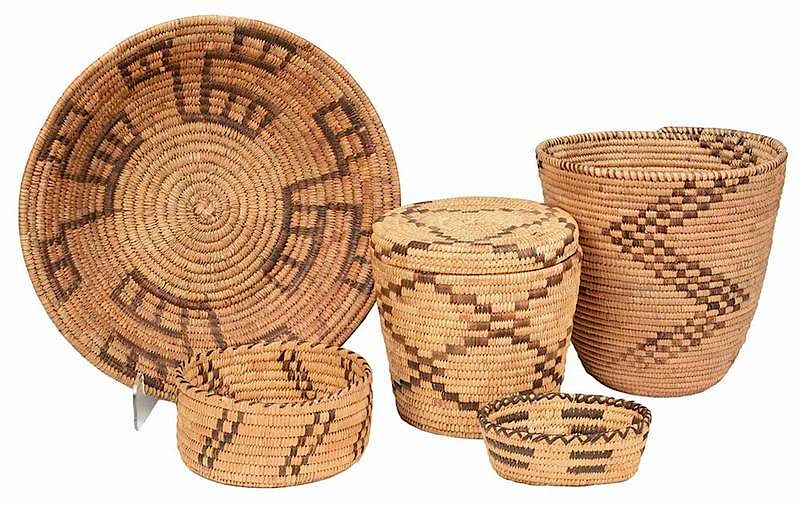 Appraisal: Five Native American Coiled Baskets American Southwest early to mid