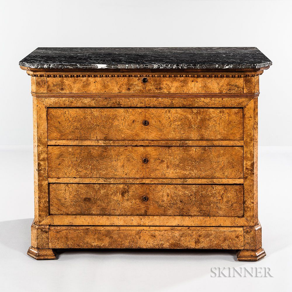 Appraisal: Louis Philippe Marble-top and Burlwood-veneered Walnut Commode Louis Philippe Marble-top