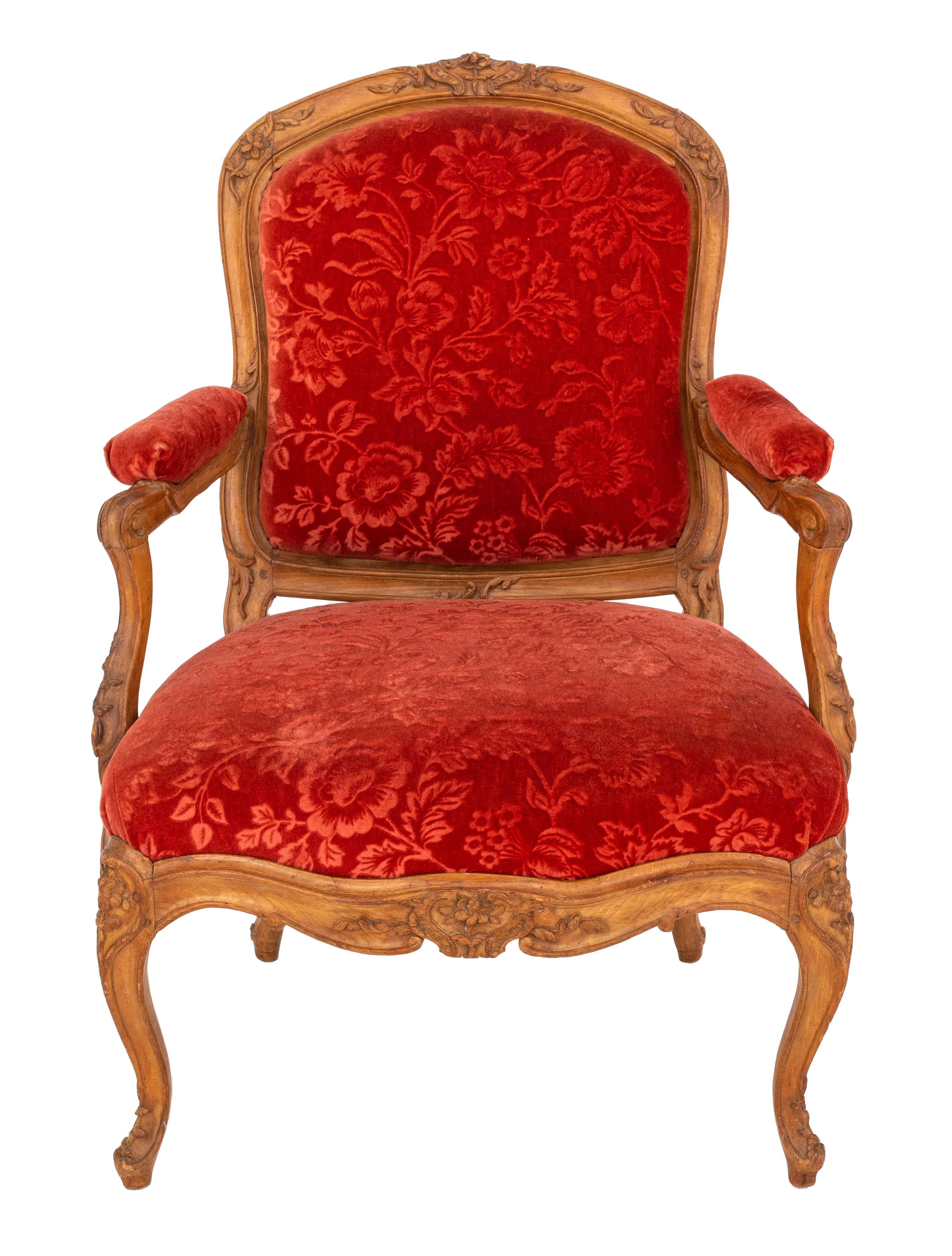 Appraisal: LOUIS XV STYLE CARVED BEECHWOOD OPEN ARMCHAIR Louis XV style