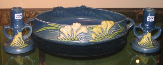 Appraisal: A THREE PIECE ROSEVILLE BLUE FREESIA ART POTTERY CONSOLE SET