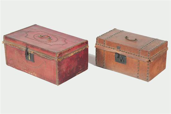 Appraisal: TWO LEATHER COVERED TRUNKS American st half- th century pine