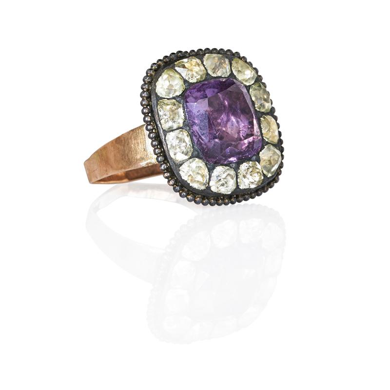 Appraisal: GEORGIAN FOIL BACKED AMETHYST AND PASTE RING Cushion cut pink