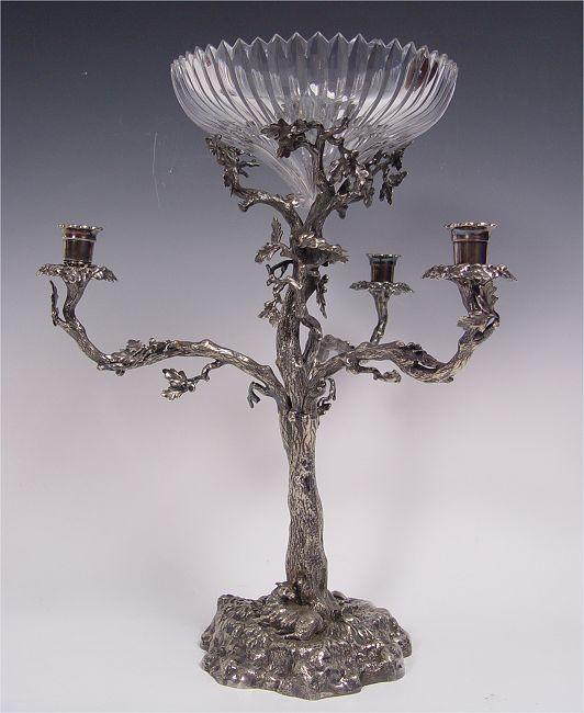 Appraisal: LARGE VICTORIAN SILVERPLATE TRIPLE BRANCH EPERGNE Form of oak tree