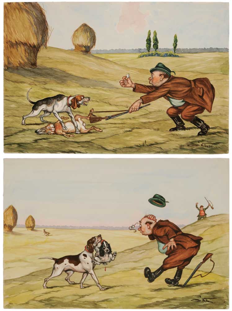 Appraisal: Boris O'Klein French - Two sporting caricatures Chien recalcitrant Recalcitrant