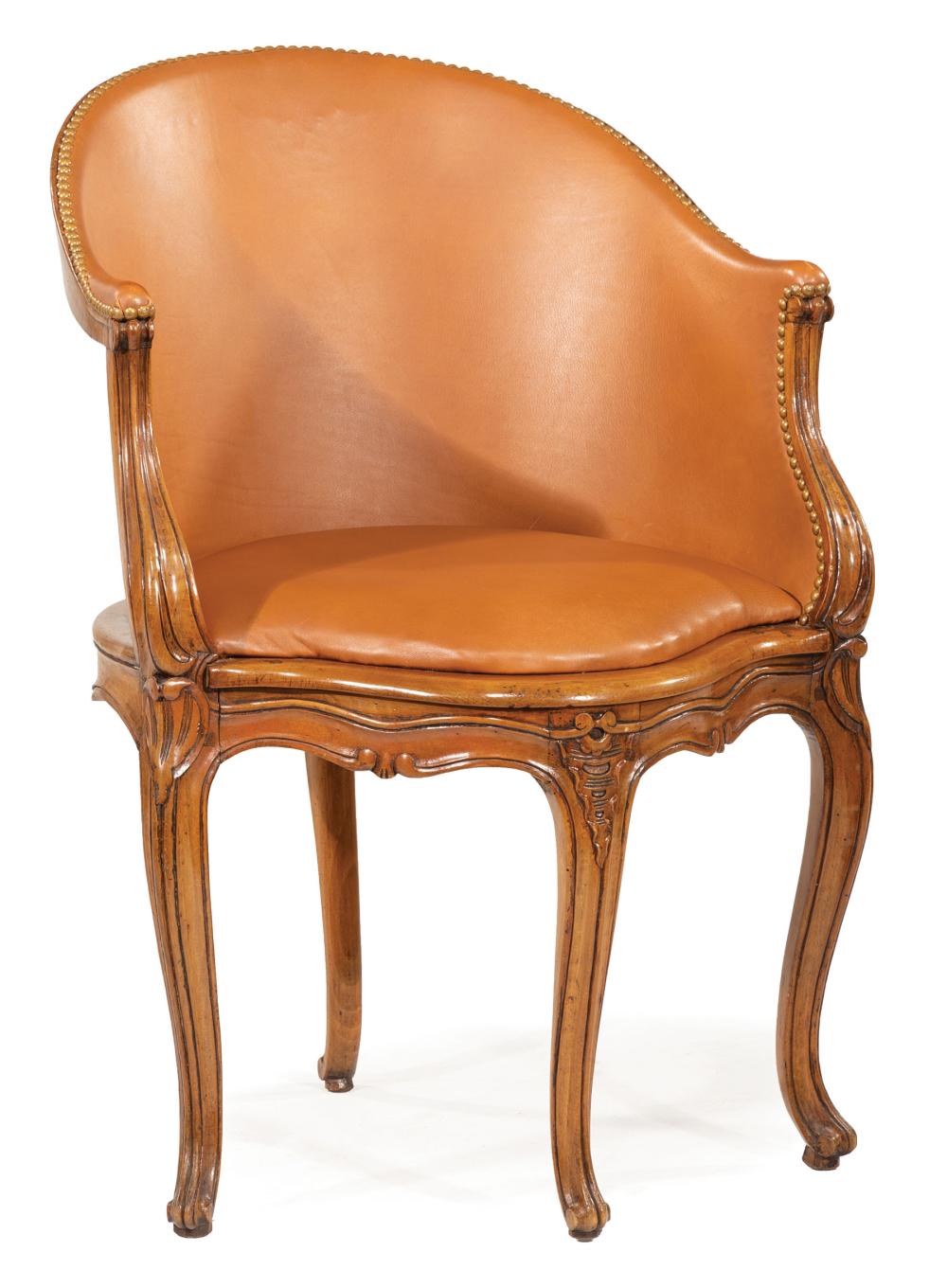 Appraisal: Antique Louis XV-Style Fruitwood Bergere leather upholstery with brass nailhead