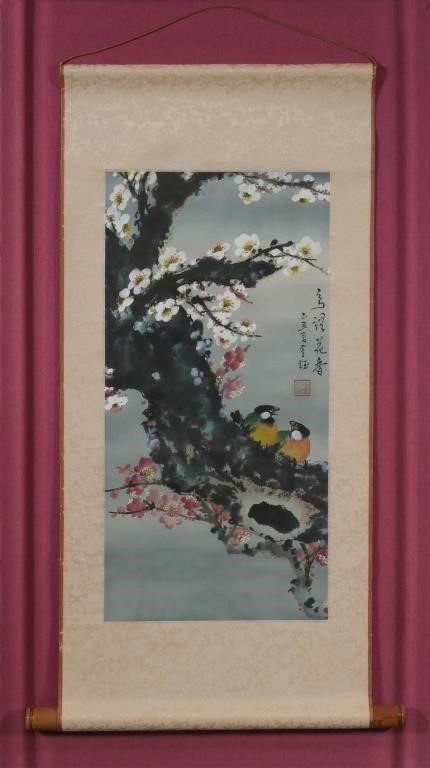 Appraisal: Signed Chinese scroll painting of birds on a branch Circa