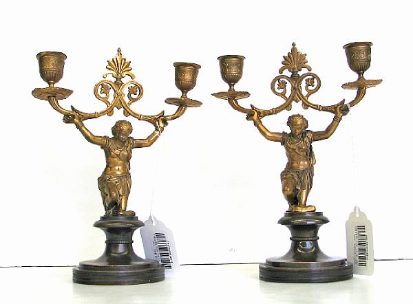 Appraisal: A pair of Aesthetic gilt and patinated bronze figural two-light