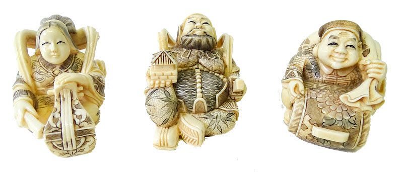 Appraisal: Three Chinese Carved Netsuke Figures Three Chinese Carved Ivory Netsuke