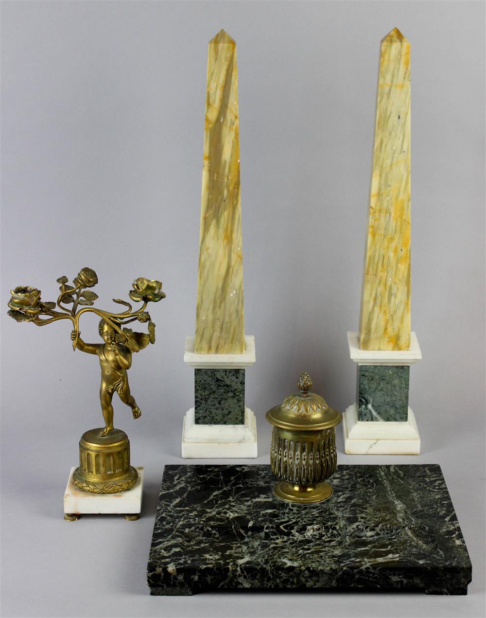 Appraisal: GILT BRONZE AND MARBLE FIGURAL CANDELABRUM A MARBLE INKSTAND AND