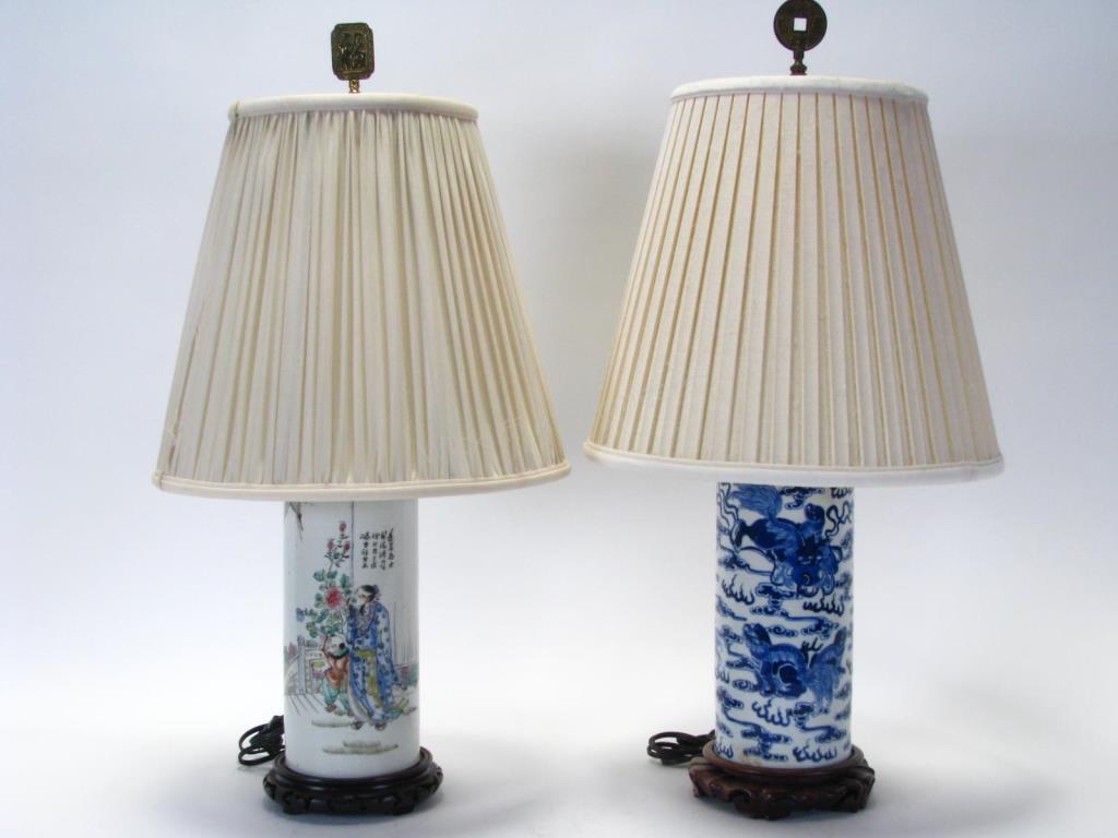 Appraisal: Two Oriental Porcelain Lamps cylindrical porcelain body with blue and