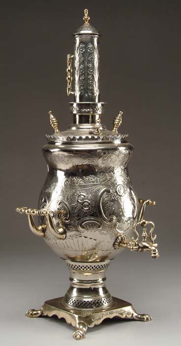 Appraisal: LARGE SILVER PLATED RUSSIAN SAMOVAR Standard form samovar has two