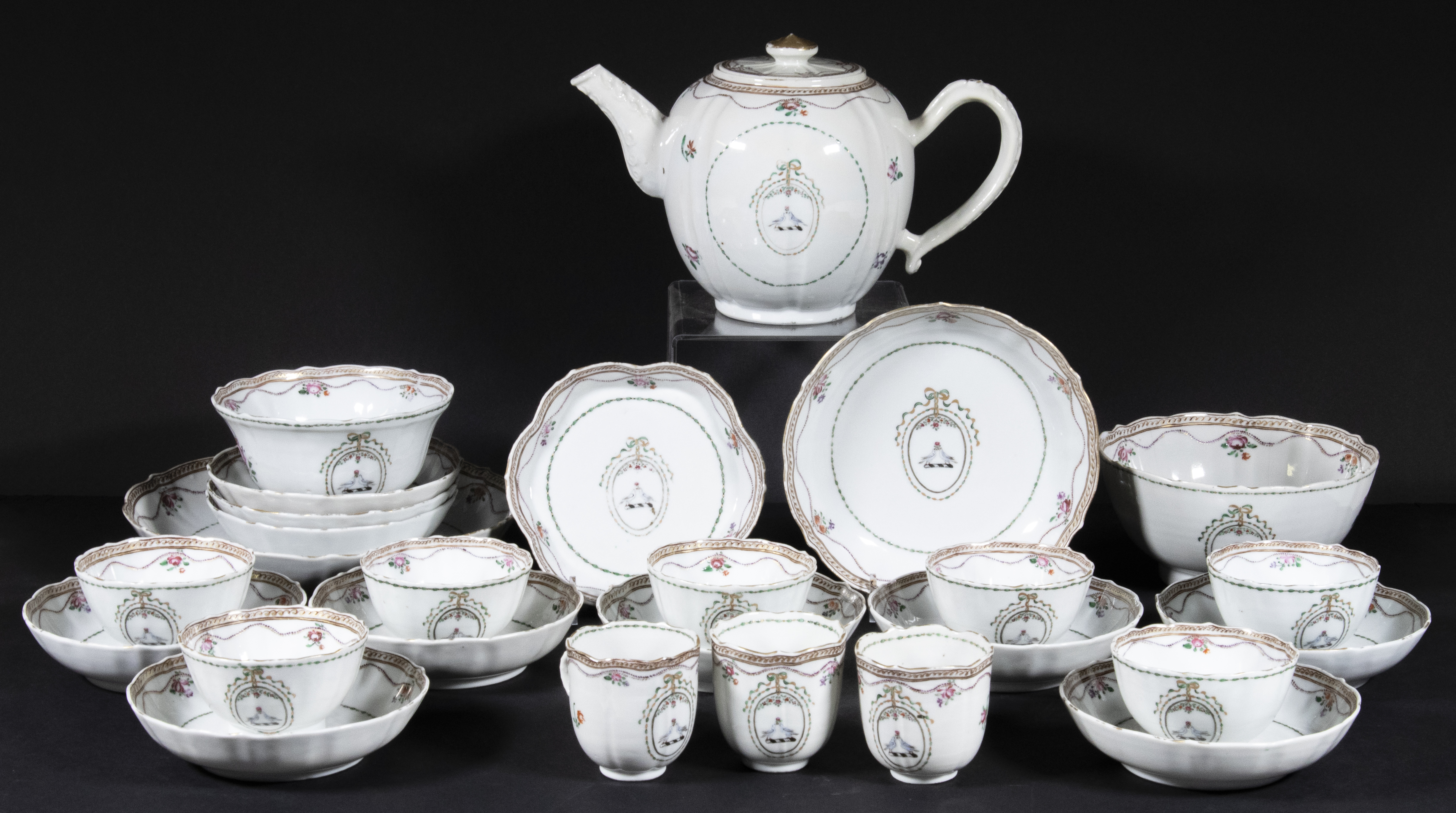 Appraisal: CHINESE EXPORT PORCELAIN ARMORIAL TEA SET WITH LOVEBIRDS Piece Famille