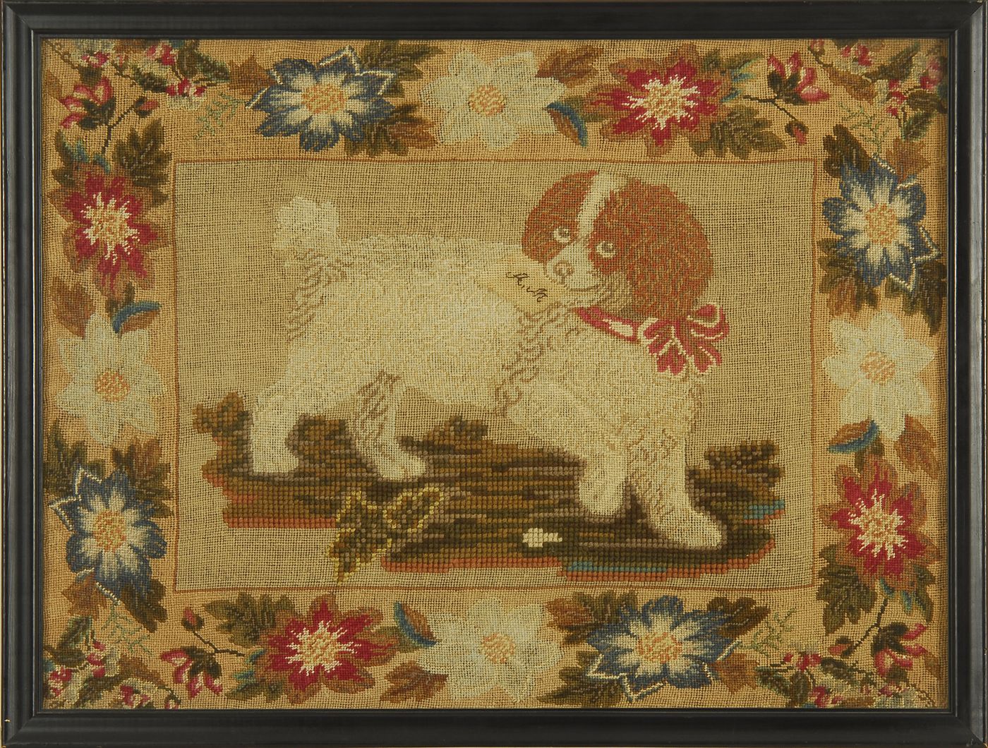 Appraisal: FRAMED ENGLISH PETIT POINT th CenturyDepicting a spaniel surrounded by