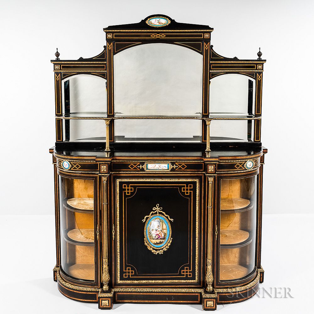 Appraisal: Second Empire-style Ebonized Mahogany and Ormolu- and Porcelain-mounted Etagere Second