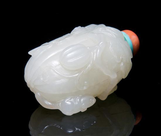 Appraisal: White Jade Melon Form Snuff Bottle having heavily raised decoration